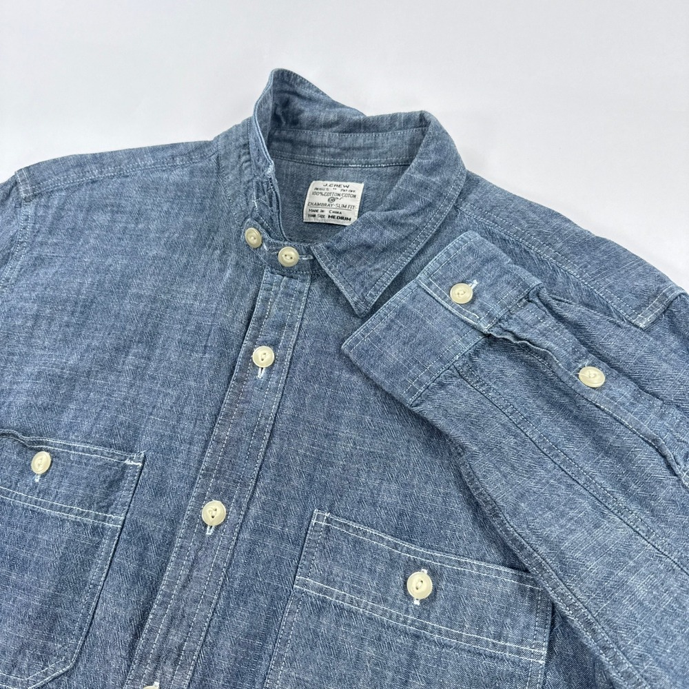 J Crew Chambray Workshirt Mens Medium Blue Slim Fit Utility Chin Strap Cotton